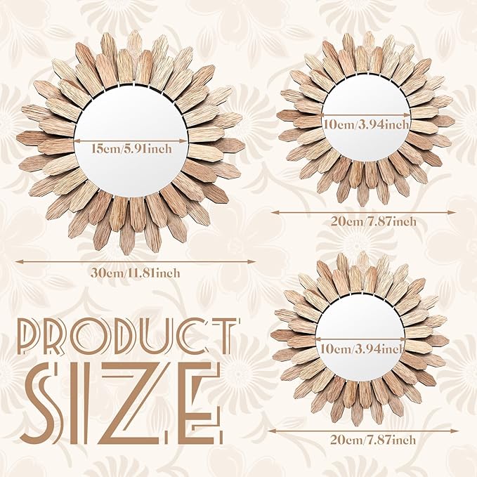 Fourluoo 3 Pack Gold Sunburst Mirrors for Wall Decor Circle Flowers Mirrors Decorative Gold Hanging Wall Art Flowers Mirror for Home Living Dinning Room Bedroom Bathroom Boho Decoration Art (Flower)