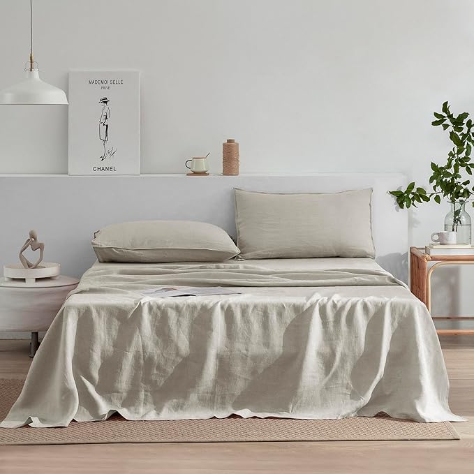 EVERLY Linen Sheets Set California King Size,100% French Stonewash Linen Sheets Set,4Pieces (1Flat Sheet,1Fitted Sheet,2Pillowcase) Suitable for Hot Sleepers,Deep Pocket Natural Bedding Set