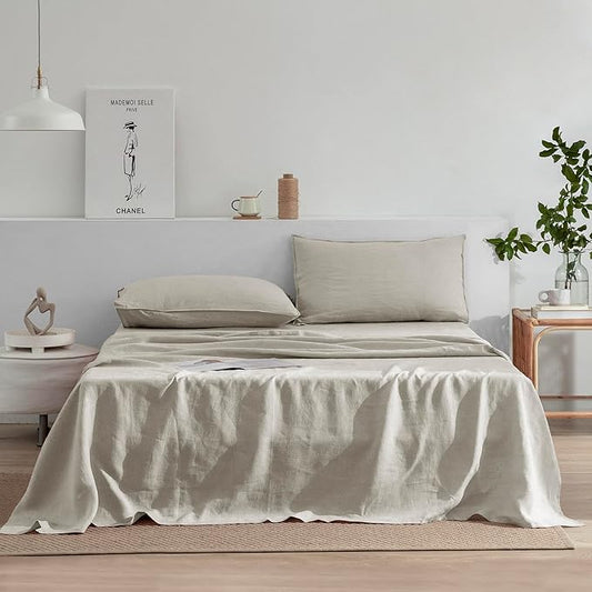 EVERLY Linen Sheets Set Full Size,100% French Stonewash Pure Linen Bed Sheets,4Pieces (1Flat Sheet,1Fitted Sheet,2Pillowcase) Suitable for Hot Sleepers,Deep Pocket Natural Bedding Set