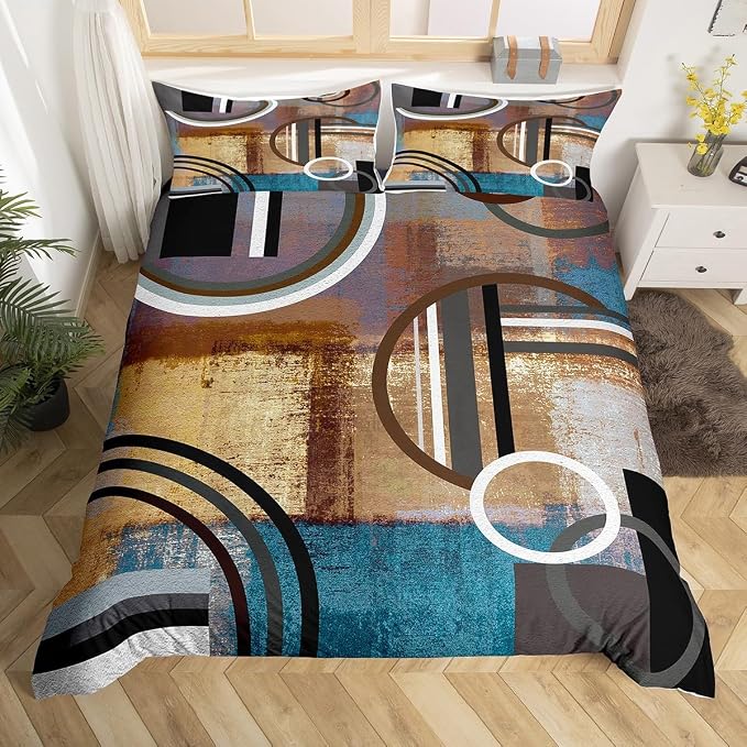 Retro Geometric Duvet Cover Queen,Vintage Grunge Style Comforter Cover,Brown Black Blue Grey Bedding Set,Abstract Oil Painting Style Quilt Cover,Swirls Stripes Bed Cover with 2 Pillow Cases