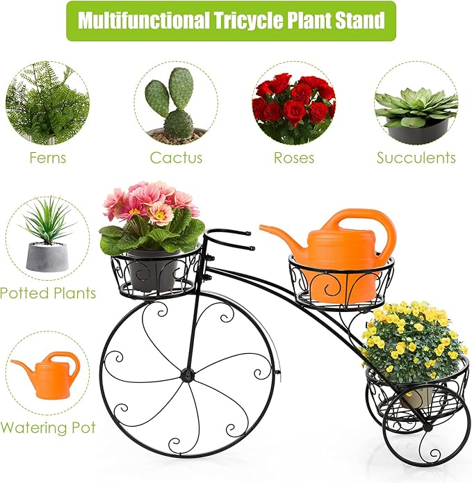 Giantex Metal Bicycle Planter, 3 Tier Tricycle Flower Plant Stand w/ 3 Decorative Wheels, Parisian Style Flower Display Stand Cart for Home Decor Patio Garden Flower Shop Indoor Outdoor