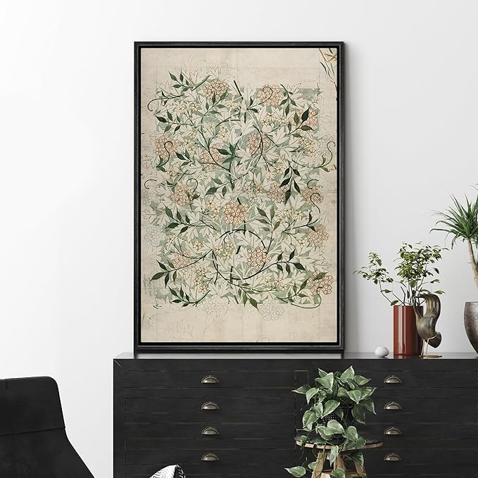 MUDECOR Framed Canvas Print Wall Art Floral Elegance Vintage Botanical White and Peach Flowers Illustrations Realism Decorative Scenic Panoramic Earth for Living Room, Bedroom, Office - 16"x24" Black