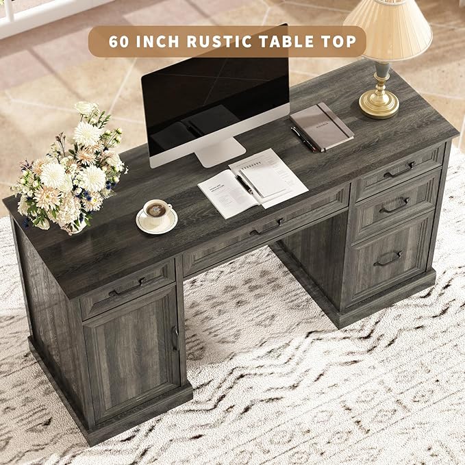 CARPETNAL 58'' Farmhouse Executive Desk with Drawers, Home Office Desk with File Drawer and Storage Cabinet, Rustic Computer Desk for Working, Studying, Writing, Grey