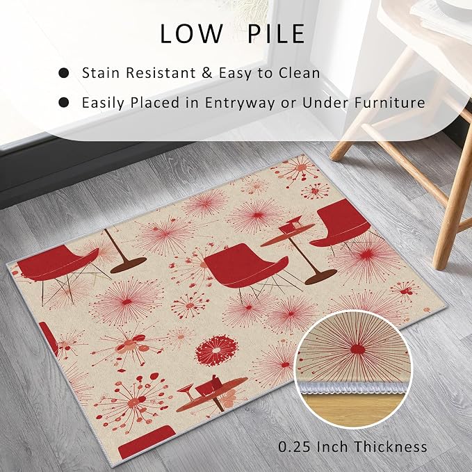 50s Retro Rug 5x7 60s 70s Mid Century Modern Pattern Area Rugs for Living Room, Bedroom, 50s Retro Home Decor Accessories Indoor Carpet, Non Slip & Machine Washable