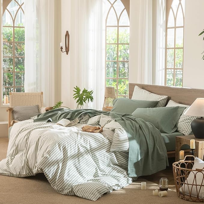 MooMee Bedding Sheet Set 100% Washed Cotton Linen Like Textured Breathable Durable Soft Comfy (Heathered Green, Twin)