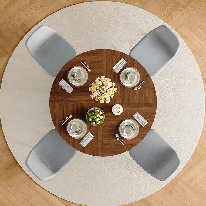 47" Round Dining Table Set for 4, Walnut Wood Grain Table and 4 Light Gray Linen Upholstered Chairs Set, Mid Century Modern Kitchen Table Set with Cross Legs