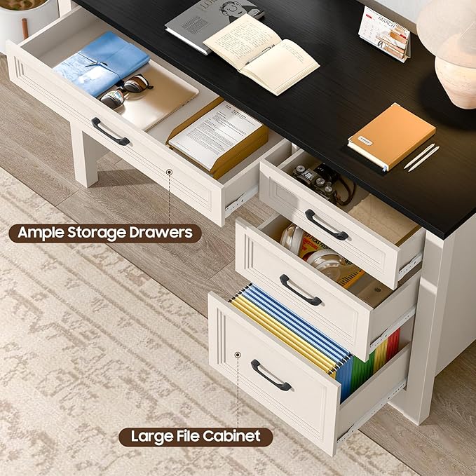 Vabches Farmhouse Executive Desk with Storage and Ample File Drawer, Rustic Large Home Writing Desk for Bedroom, Black