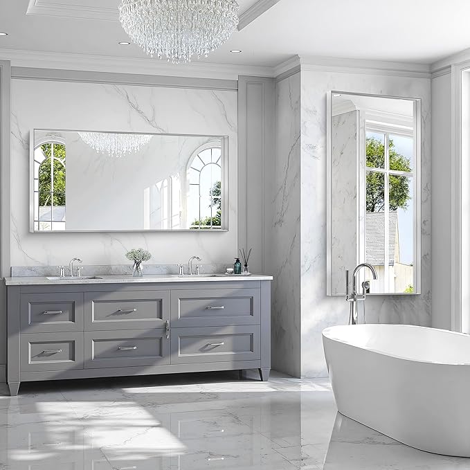 CIRCUMI Silver Bathroom Mirror, 30"x60" Rectangular Mirror with Deep Metal Frame, Brushed Finish, Tempered Glass, Large Mirror for Wall, Over 2 Sinks, Installed Vertically/Horizontally, Crystal-Clear