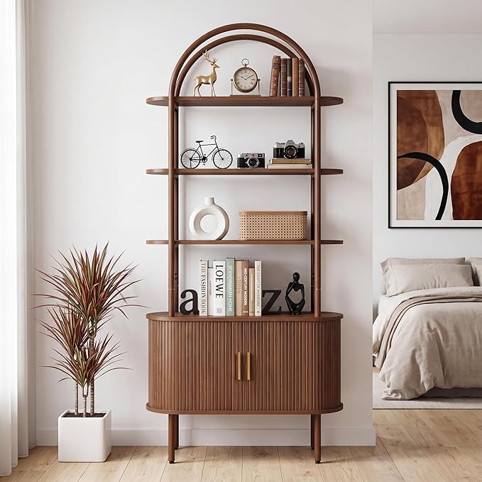 71" Tall Fluted Arched Bookshelf with Sliding Tambour Doors, Mid Century Modern Metal Curved Bookshelf Cabinet with Storage, 4-Tier Open Display Storage Shelf for Home Office, Living Room (Walnut)