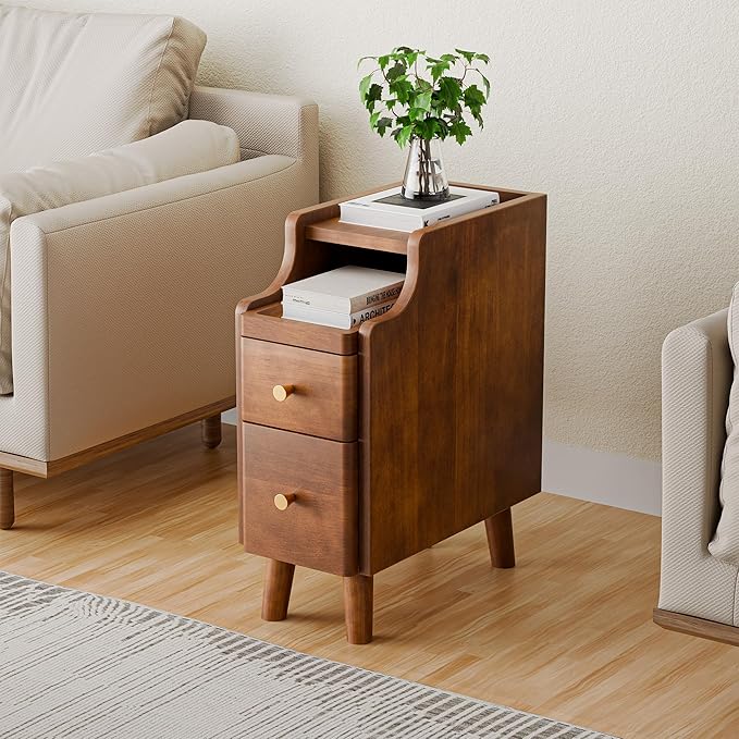 Narrow Nightstand with Drawers, 19.7" H Pre-Assembled Solid Wood Small Skinny Night Stand with Open Sliding Shelf, Mid Century Modern Slim Bedside Table for Bedroom, Sofa End Side Table, Walnut