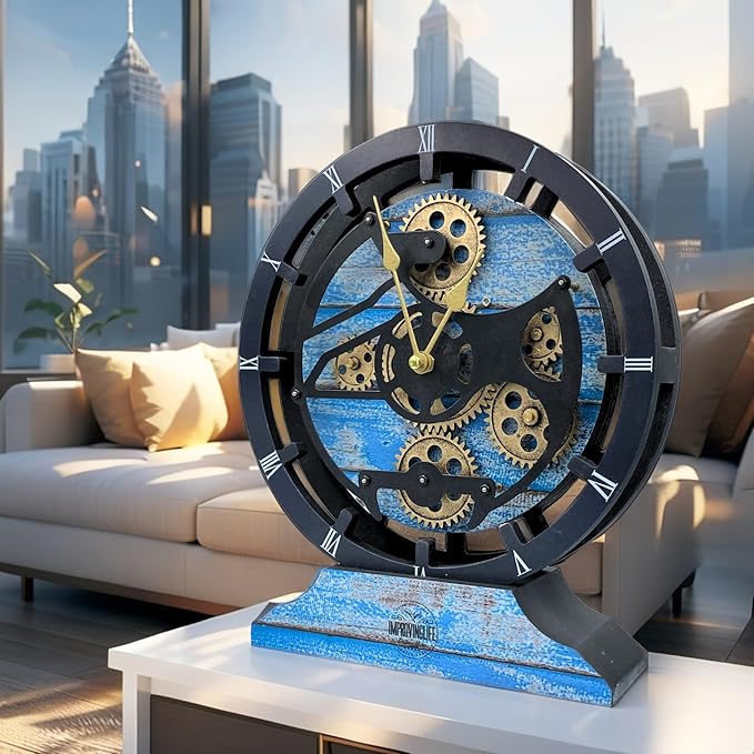 ImprovingLife The Gears Clock Desk Clock 10 inches with Real Moving Gears Convertible into Wall Clock (Ocean Blue)
