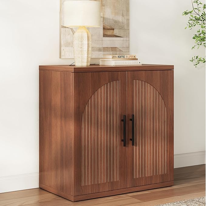 31.5" Fluted Buffet Cabinet with Storage, Mid-Century Symmetrical Arched Sideboard Credenza with Adjustable Shelf, Large Wood Console Table for Dining Room, Kitchen, and Living Room(Walnut)