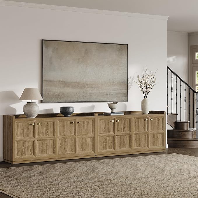 SICOTAS 4-Door Buffet Cabinet, 61.7" Wide Extra Long Sideboard with 2 Separate Bays & Adjustable Shelves, Modern Credenza Storage Cabinet with Gold Handles for Kitchen Living Room, Brown Oak, 1 PCS