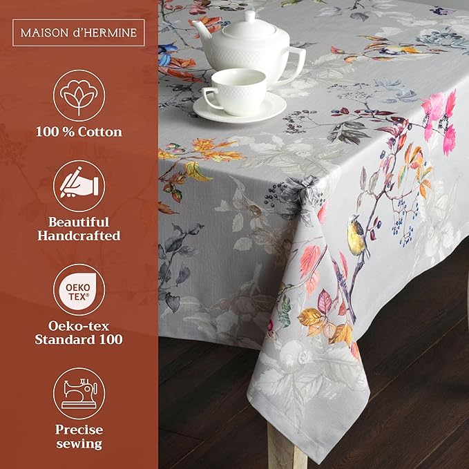 Maison d' Hermine Table Cloth Rectangle Table 100% Cotton 60 x 120 Inches Fall Tablecloth Reusable Everyday Use for Thanksgiving Christmas Decorations Dining Farmhouse Party (Equinoxe - Grey)
