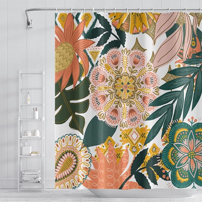 Bohemian Floral Bathroom Shower Curtain Boho Abstract Tropical Leaves Flowers with Hooks Polyester Waterproof Fabric Paisley Unique Trendy Woman Decor, 36x72 Inch