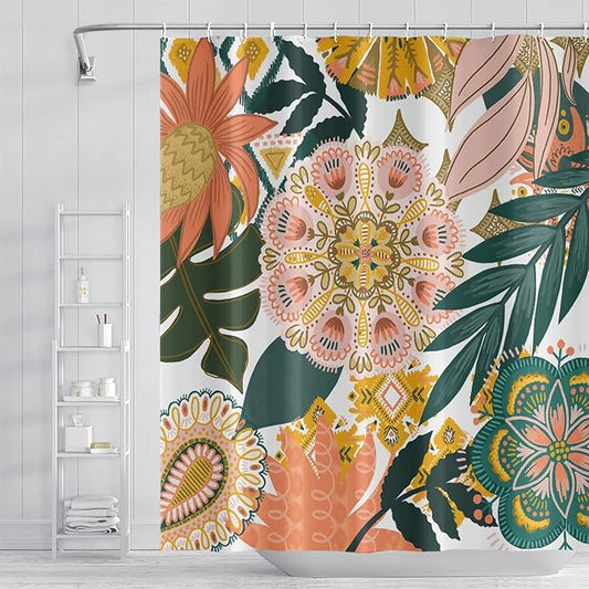 Bohemian Floral Bathroom Boho Abstract Tropical Leaves Flowers Shower Curtain with Hooks, Polyester Waterproof Fabric Paisley Unique Trendy Woman Decor, 65x72 Inch