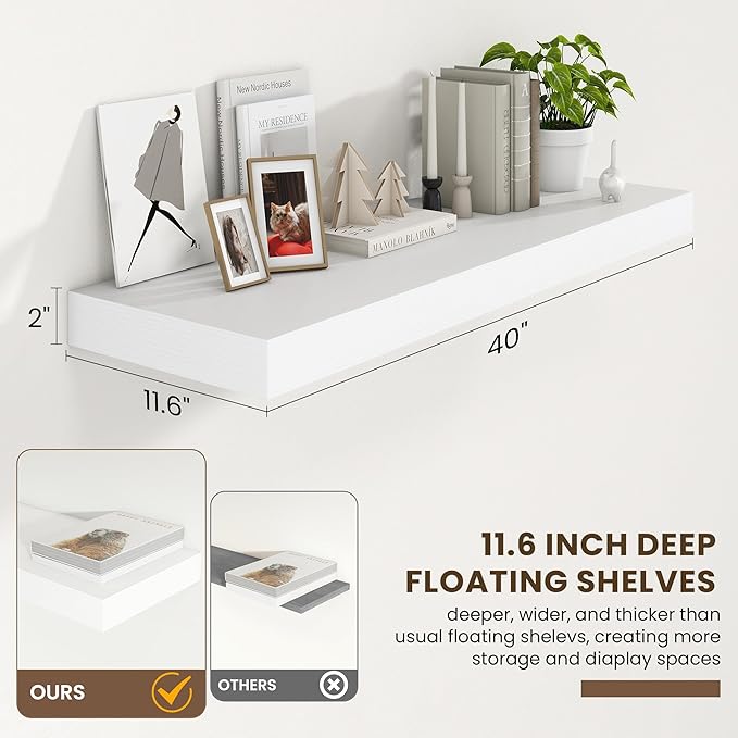 Deep Floating Shelves | 40 Inch White Floating Shelves Set of 2 | 12 Inch Deep Wood Wall Shelves | 40" W x 12" D White Shelves for Bathroom Living Room Kitchen Laundry Room