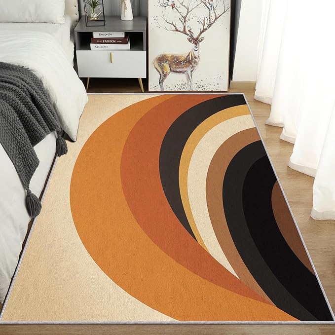 Retro Arch Rugs for Bedroom - Washable Mid Century Modern Rugs for Living Room - 6x9 ft - Abstract MCM Design Area Rug & Home Decor - 70s Minimalist Indoor Carpet with Non Slip Backing