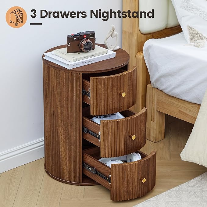 Fully Assembled Round End Table with 3 Storage Drawers, 15.75”Mid Century Side Table for Living Room, 3 Drawers Nightstand for Bedroom, Circle Sofa Bedside Table (Walnut-2 pcs)