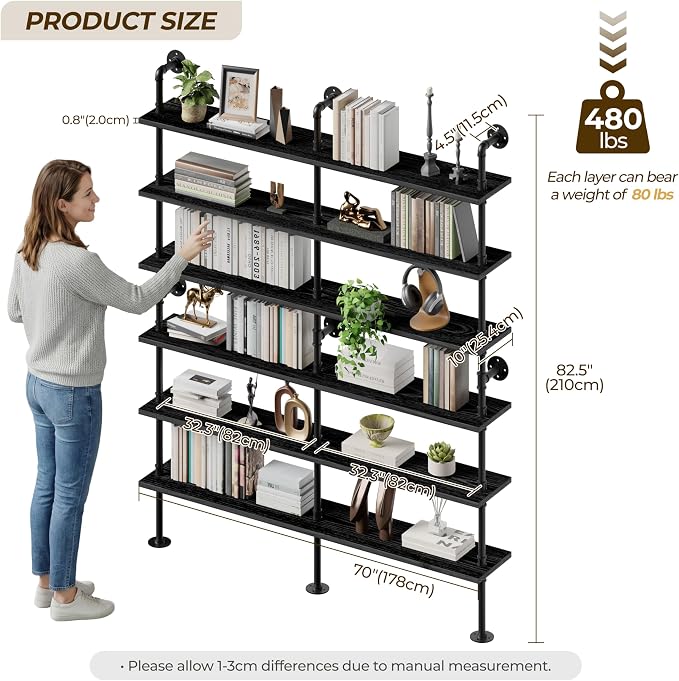 6 Tier Industrial Ladder Shelf Bookcase, Wall Mounted Rustic Bookshelf for Living Room Decor and Storage (Black, 6 Tier - 10" D x 70" W x 82.5" H)