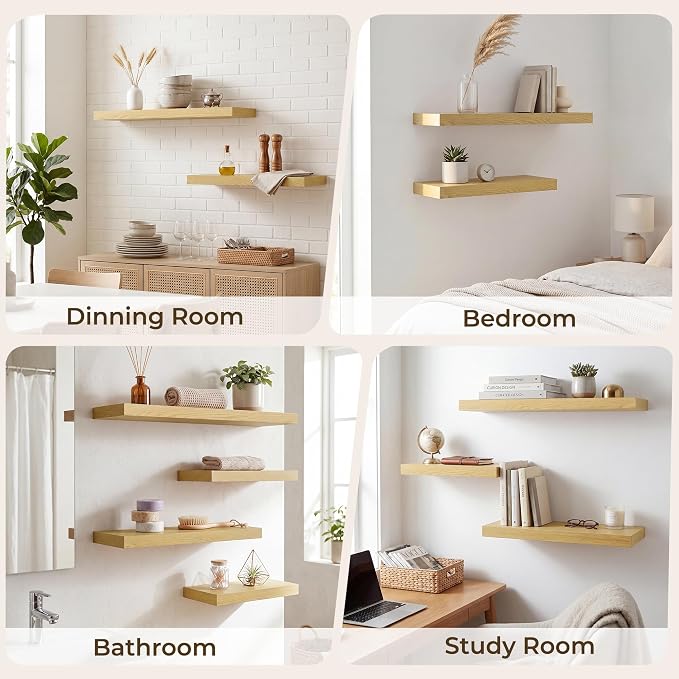 RICHFOCUS 20Inch Floating Shelves for Wall 2 Pack Shelves for Bedroom|Kitchen|Bathroom|Laundry Room Rustic Wood Wall Mounted Shelf with Invisible Brackets for Books|Storage|Decor, Oak