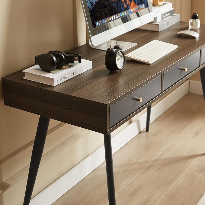 KEVINSPACE Mid Century Desk with Drawers, 47" Modern Home OfficeDesk, Writing StudyDesk ComputerDesk with Metal Legs & 3 Drawers, Multipurpose Vanity TableDesk for Bedroom Office, Walnut&Grey