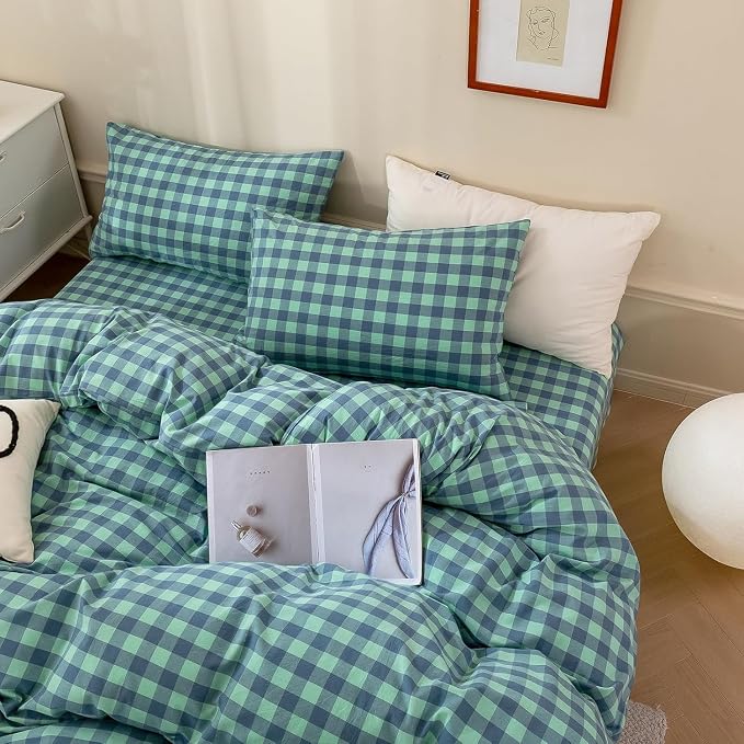 mixinni Green Gingham Grid Duvet Cover Full, 100% Washed Cotton Modern Geometric Bedding Set with 2 Pillowcases, Farmhouse Style Blue Plaid Comforter Cover Set for Men & Women, Soft & Lightweight