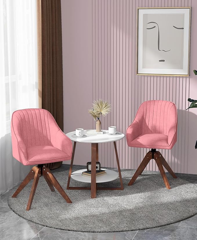 OS MOTOR Modern Swivel Accent Chair with Arms, Upholstered Desk Chair No Wheels, Mid-Century Fabric Armchair with Oak Wood Legs for Home Office, Bedroom, Vanity, Pink