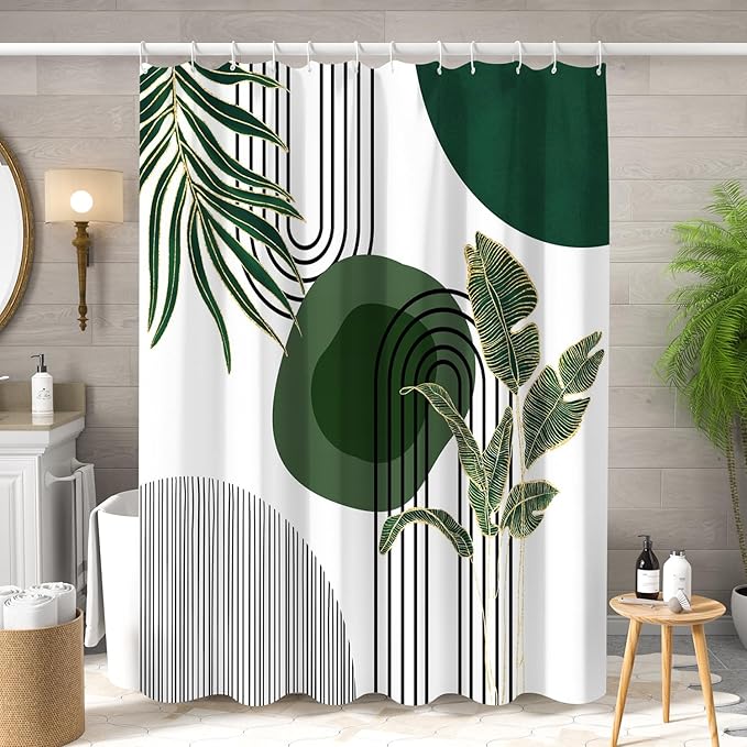 Mid Century Green Shower Curtain for Bathroom Boho Modern Abstract Plant Tropical Leaves Bathroom Curtain Set Geometric Arch Minimalist Waterproof Fabric Bath Decor 72x78 inch