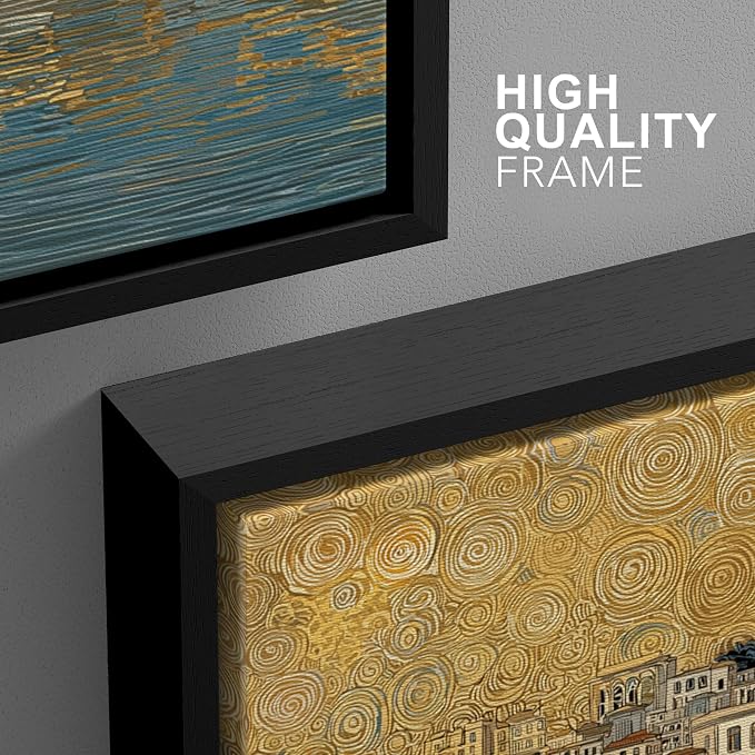 wall26 Framed Print Wall Art Set Golden Cityscape Reflection Gustav Klimt Inspired Coastal TownDecorative Minimal Relax/Zen for Living Room, Bedroom, Office - 16"x24"x3 BLACK