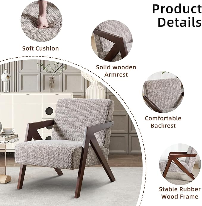 INZOY Accent Chairs Set of 2, Mid Century Modern Accent Chair with Wood Frame, Upholstered Reading Armchair with Soft Linen Fabric, Accent Chair for Living Room Bedroom, Easy Assembly, Light Brown