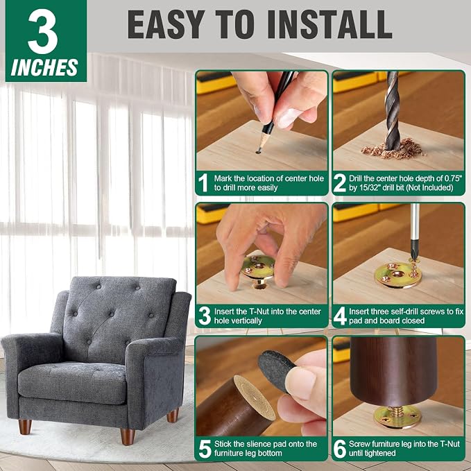 FoDau770 Brown Rubber Wood Furniture Legs 3 Inches, Straight Tapered Wood Feet Mid Century Sofa Legs Set of 4, 5/16" UNC Furniture Feet for Cabinet Couch Dresser Chair Ottoman Table