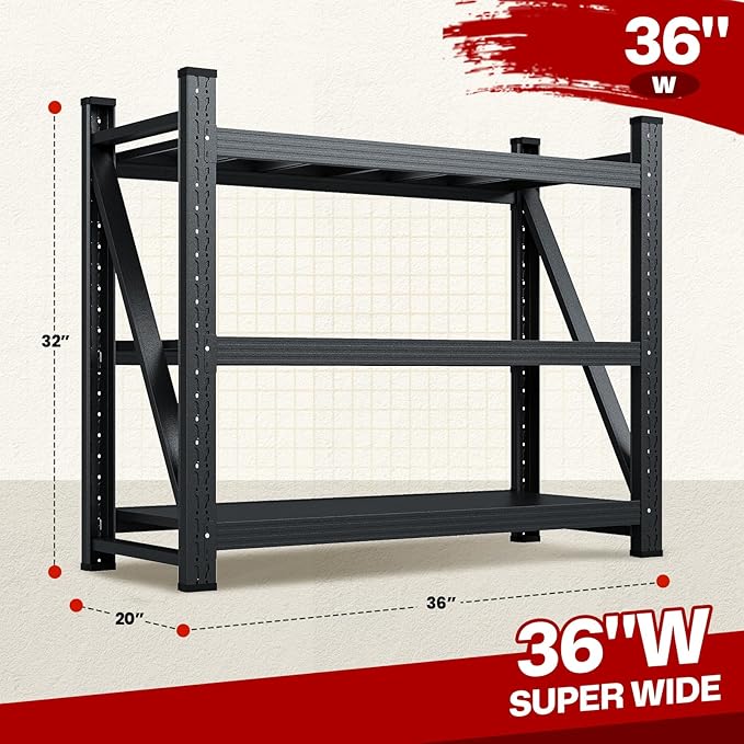 3000LBS Storage Shelves,Garage Shelving Heavy Duty,3 Tier Adjustable Metal Shelving Unit,Garage Storage Shelves for Garage,Warehouse,Basement,Pantry,Kitchen,36" W x 32" Hx20 D,Black