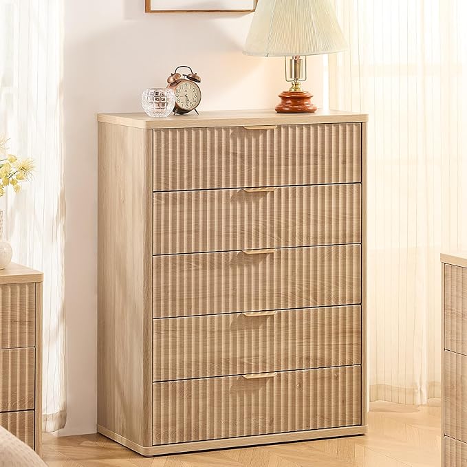 LEYAOYAO Fluted 5 Drawers Dresser Set of 2, 41" Tall Modern Chest of Drawers with Metal Handle, Curved Profile Dresser TV Stand, Wooden Drawer Organizer for Bedroom, Living Room, Hallway, Natural