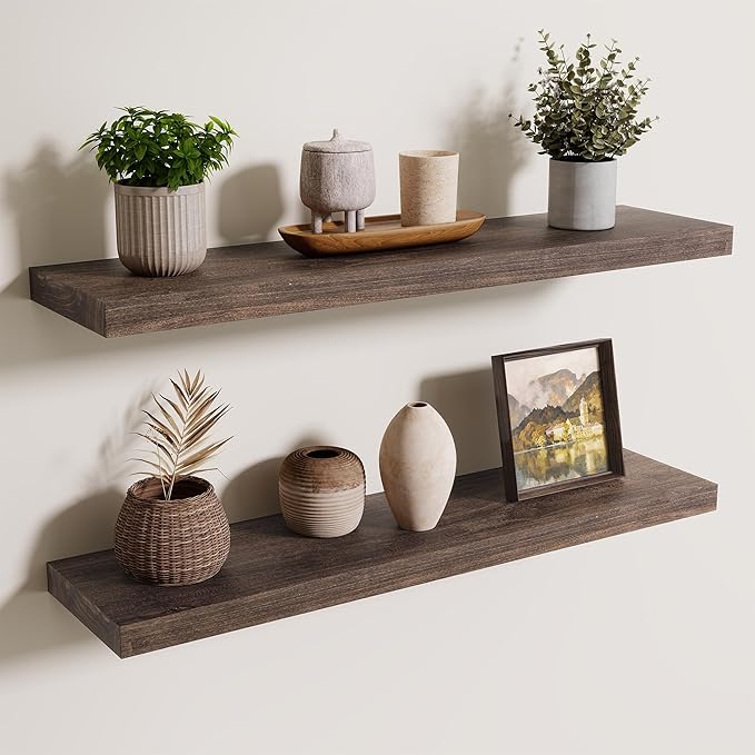 Axeman Floating Shelves for Wall - 32''W x 8'' D Rustic Solid Elm Wood Shelves for Storage, Wall Mounted Display Shelving with Invisible Heavy-Duty Metal Bracket (Walnut, 2PCs)