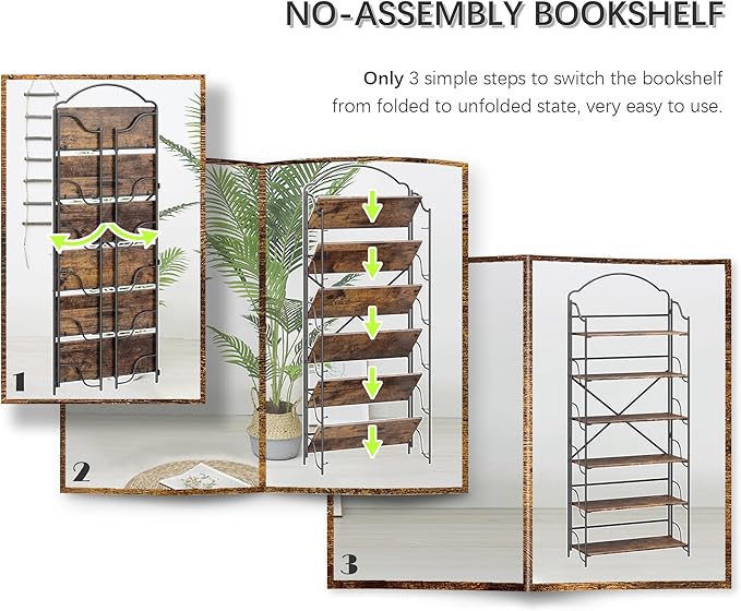 4NM No Assembly Folding Bookshelf for Living Room, 6 Tiers Collapsible Book Shelves Open Industrial Foldable Bookcase Storage Shelf for Home Office - Rustic Brown Black