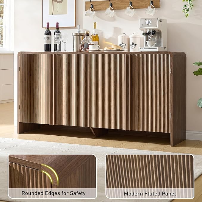 AMERLIFE 63" Fluted Sideboard Buffet Cabinet with Storage, Modern Credenza Console with 4 Doors & Adjustable Shelves, Wood Coffee Bar for Kitchen, Living Room, Hallway, Brown