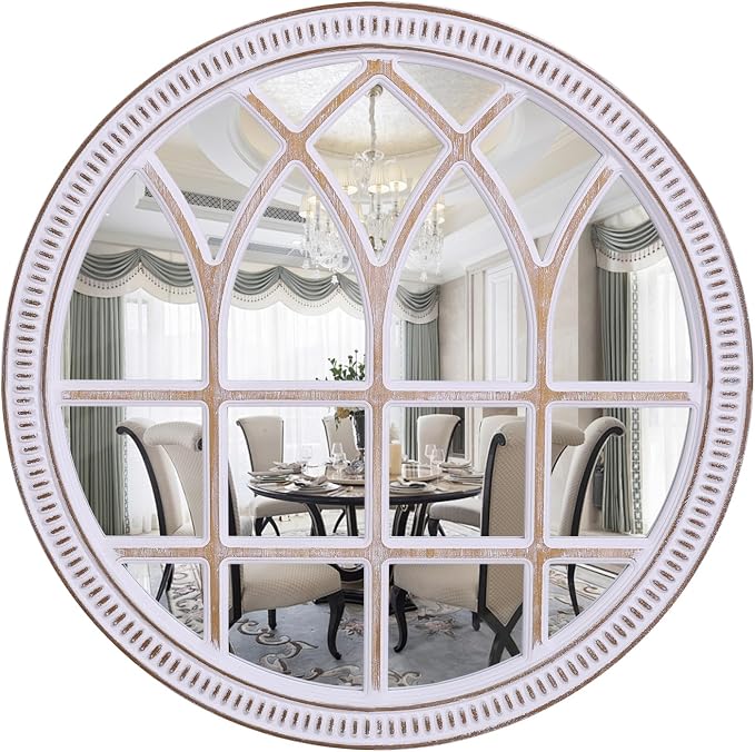 HOITUZYUS 30 Inch Farmhouse Round Wood Window Mirror for Wall Decor | Decorative Windowpane Mirrors for Bathroom Vanity, Entryway, Living Room, Bedroom & Mantel Decor