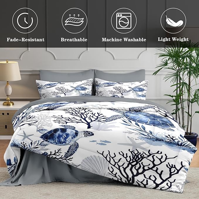 WeCozy 7 Pcs Queen Size Comforter Set with 2 Pillowcases & 2 Shams, Ocean Sea Coral Bedding for Kids and Adults, Blue Animal Turtle Bed in a Bag with Flat Fitted Sheet