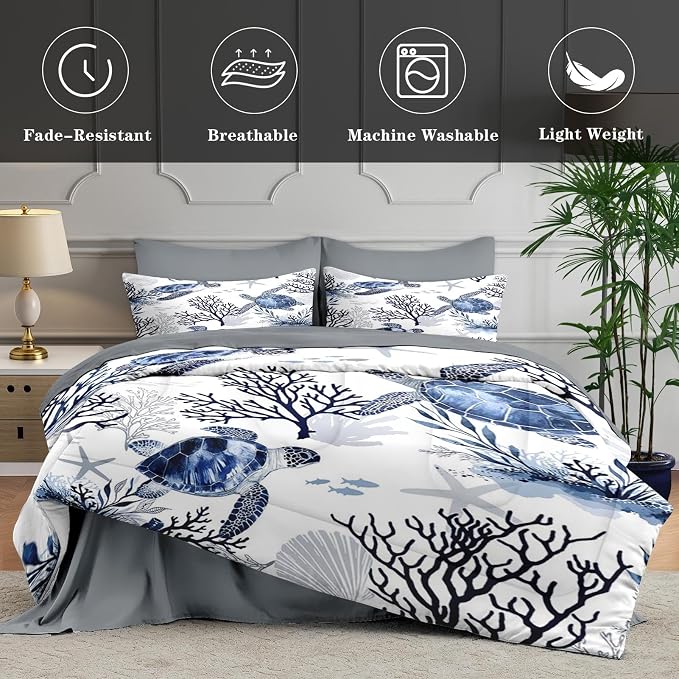 WeCozy 5 Pcs Twin Size Comforter Set with Pillowcase & Sham, Ocean Sea Coral Bedding for Kids and Adults, Blue Animal Turtle Bed in a Bag with Flat Fitted Sheet