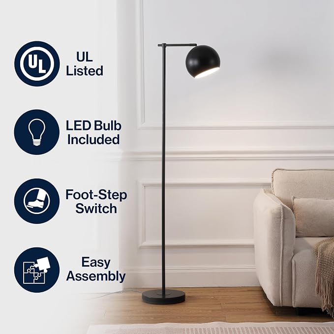 JONATHAN Y 58.5" Black Metal Cylinder Floor Lamp Modern Contemporary Minimalist Standing Lamp for Living Room Bedroom with Metal Dome Shade Foot Switch LED Bulb Included JYL3088B