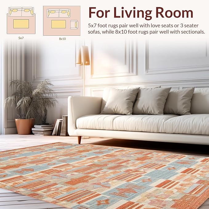 Flatwoven High Traffic Area Rug 5x7, Modern Farmhouse Geometric Terracotta Design, Non Slip, Stain Resistant, Washable Area Rugs for Living Room, Bedroom (Orange, 5x7)