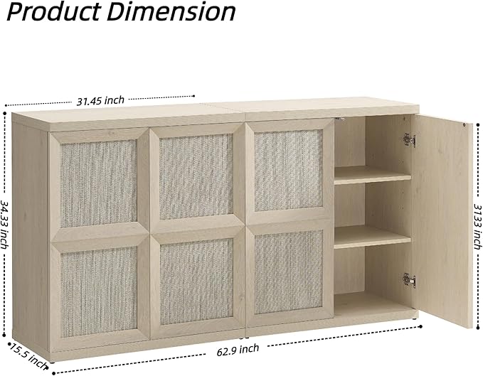 VividVibe Buffet Cabinet Sideboard with Storage, 94.35” Large Boho Credenza with 6 Doors, Sideboard Buffet Cabinet Farmhouse Modern for Entryway Living Room Light Oak