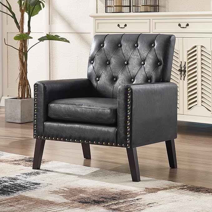 Mid Century Modern Accent Chair, Black Faux Leather Office Chair for Reception - Tufted Leather Club Chair for Living Room, Bedroom, or Waiting Room