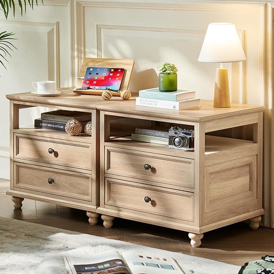 24" Wide Farmhouse Night Stand Set of 2,Large End Table with 2 Drawers & Metal Handle,Natural Wood Dresser for Bedroom, Bed Side Table Chest of Drawers Cabinet, Nightstand for Living Room