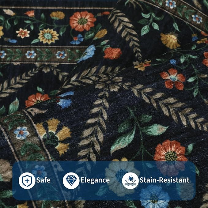 GarveeHome Floral 9x12 Area Rugs for Living Room Bedroom, Soft Washable Rugs 9x12 Stain Resistant, Ultra-Thin Non-Slip Dining Room Rug Non-Shedding Accent Carpet for Office Navy&Black