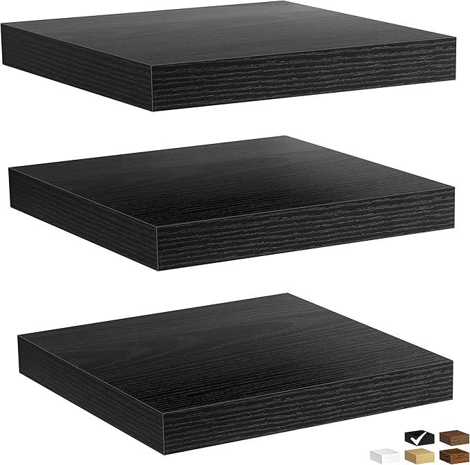 Fun Memories Floating Shelves for Wall, Rustic Wood Wall Mounted Shelves for Bathroom, Bedroom, Living Room & Kitchen, Storage Display Shelves, (Set of 3, Black, 12 in)