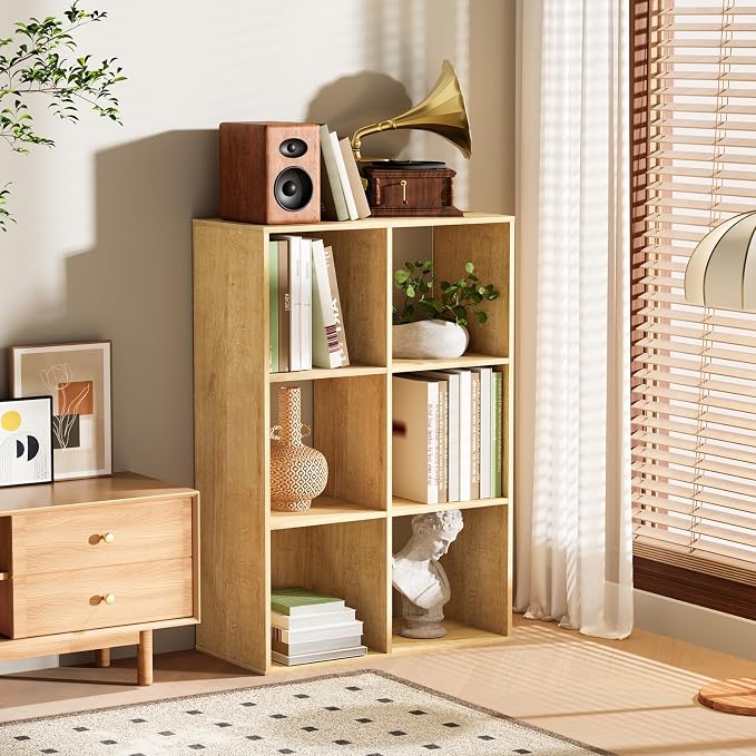 6 Cube Storage Organizer, Open Bookshelf Storage Cubes Shelf with Back Panel, Wooden Display Shelf Bookcase Standing Shelves for Living Room, Bedroom, Home Office (Oak, 6-Cube)