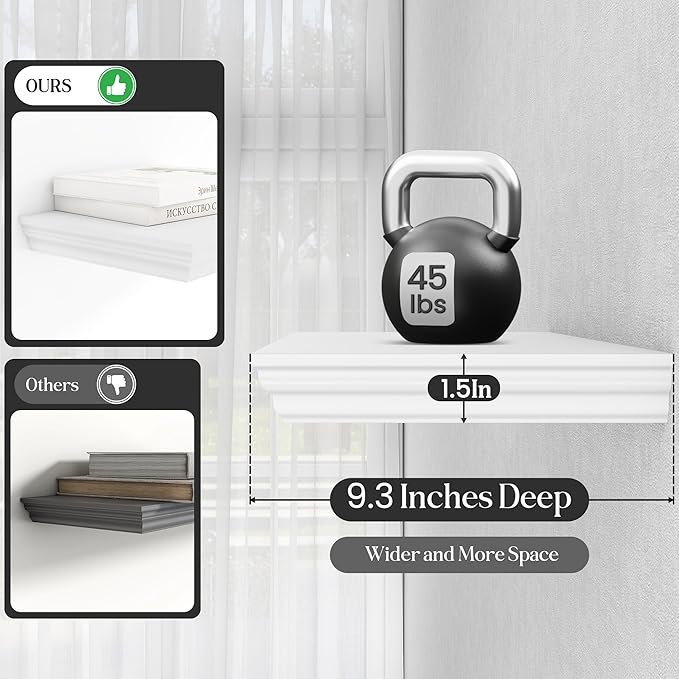 Fun Memories Floating Shelves 48 Inch Long, 9.3 Inch Deep Classic Crown Molding Floating Shelves for Wall, Rustic Wooden Shelves for Wall Decor Bathroom, Kitchen, Office, (White, 1Pack)