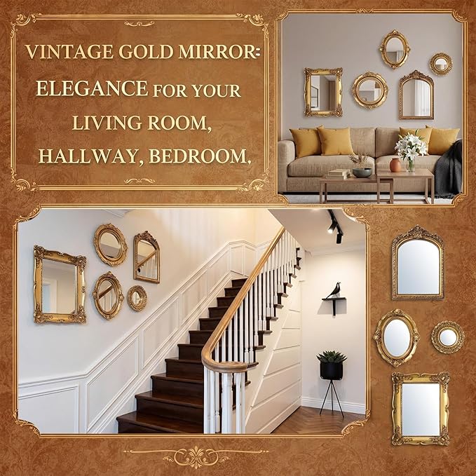 5 Pcs Vintage Gold Mirror Luxury Set Small Gold Mirrors Gallery Wall Mirror Hanging Antique Art Decor for Wall Living Room Entryway Assorted Sizes (10in/8in/7in/4in,Stylish Style)